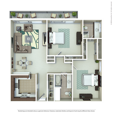 Floor plan for 2 beds, 2 baths, 1100 sqft